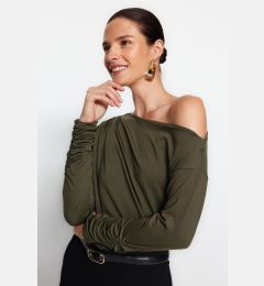 Снимка на Trendyol Khaki Asymmetrical Collar Flowy Stretchy Knitted Blouse