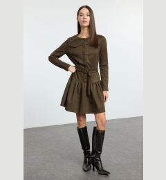 Снимка на Trendyol Khaki Belted Skater/Waist Open Pleated Skirted Suede Mini Woven Dress