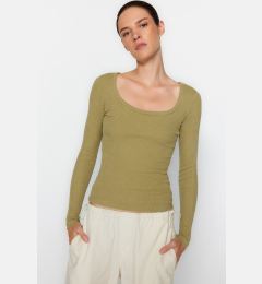 Снимка на Trendyol Khaki Faded/Faded Effect Ribbed Pool Neck Fitted Cotton Stretch Knitted Blouse