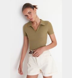 Снимка на Trendyol Khaki Fitted Crop Polo Neck Corduroy Knitted Blouse with a Stretch