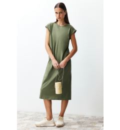 Снимка на Trendyol Khaki Plain T-shirt Dress 100% Cotton Moon Sleeve Shift/Relaxed Cut Midi Midi Dress