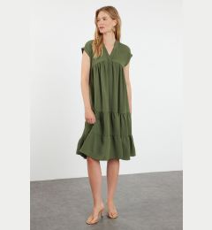 Снимка на Trendyol Khaki Plain Wide Cut V-Neck Skirt Flounced Aerobin Woven Dress