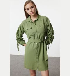 Снимка на Trendyol Khaki Pocket and Gather Detailed Mini Woven Shirt Dress