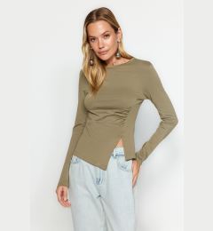 Снимка на Trendyol Khaki Single Slit Detailed Cotton Gathered Crew Neck Knitted Blouse