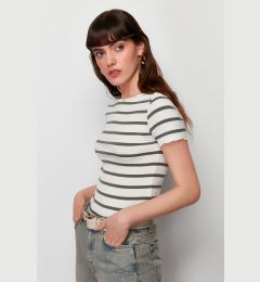 Снимка на Trendyol Khaki Striped Boat Rock Short Sleeve Regular/Normal Cut Ribbed Stretch Knitted Blouse