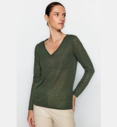 Снимка на Trendyol Khaki V Neck Linen Look Long Sleeve Regular Fit Knitted Blouse