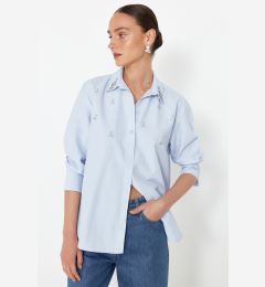 Снимка на Trendyol Light Blue Regular Fit Woven Shirt with Stone Detail on the Front