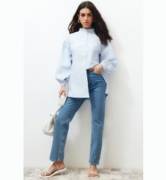 Снимка на Trendyol Light Blue Ruffle Detailed Cotton Basic Woven Shirt