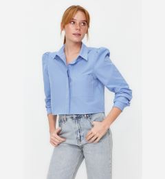 Снимка на Trendyol Light Blue Shoulder Detailed Crop Fitted Waist-Catted Patterned Woven Shirt