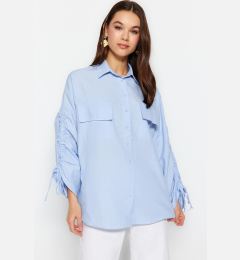 Снимка на Trendyol Light Blue Woven Cotton Shirt with Adjustable Gathering Detail on Sleeves