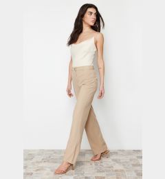 Снимка на Trendyol Light Brown Straight/Straight Fit High Waist Ribbed Stitched Woven Trousers