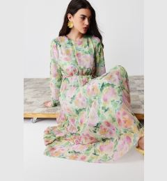 Снимка на Trendyol Light Green Floral Belt Detailed Lined Pleated Chiffon Woven Dress