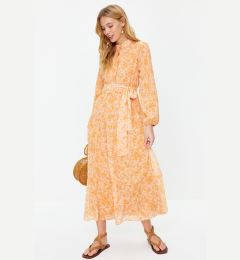 Снимка на Trendyol Light Orange Patterned Belted High Collar Lined Chiffon Woven Dress