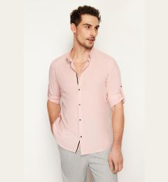 Снимка на Trendyol Light Pink Slim Fit Button-down Collar with Epaulets 100% Cotton Linen Look Shirt