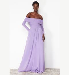 Снимка на Trendyol Lilac A-Cut Carmen Neckline Knitted Tulle Long Evening Evening Dress