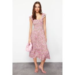 Снимка на Trendyol Lilac Floral Print Square Collar A-line Viscose Midi Woven Dress