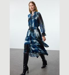 Снимка на Trendyol Limited Edition Blue Abstract Patterned Ruffle Midi Woven Winter Dress