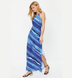 Снимка на Trendyol Limited Edition Blue Tie-Dye Patterned Straight Cut Sleeveless Maxi Lined Satin Woven Dress