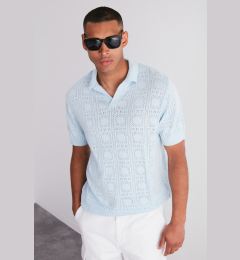 Снимка на Trendyol Limited Edition Light Blue Regular Fit Cotton Openwork Knitwear Polo Neck T-Shirt