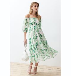 Снимка на Trendyol Madonna Collar Chiffon Maxi Woven Dress with Green Floral Skirt Opening at the Waist