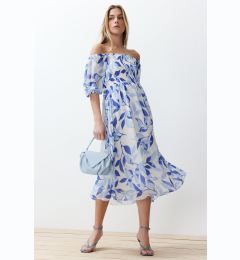 Снимка на Trendyol Madonna neck Chiffon Maxi Woven Dress with Blue Floral Skirt Opening at the Waist