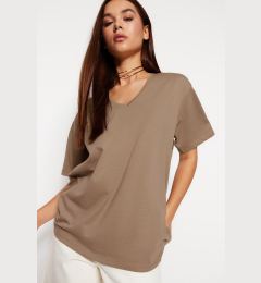 Снимка на Trendyol Mink 100% Cotton Oversize/Wide Fit V-Neck Knitted T-Shirt