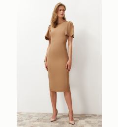 Снимка на Trendyol Mink A-Line Midi Pencil Skirt Woven Dress with Pleat Detail on the Sleeve