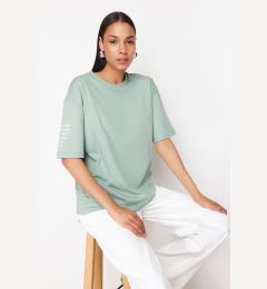 Снимка на Trendyol Mint 100% Cotton Sleeve Slogan Printed Relaxed/Comfortable Fit Knitted T-Shirt