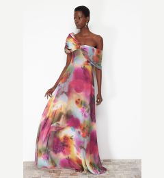 Снимка на Trendyol Multi-Colored A-Line Lined Asymmetrical Neckline Woven Chiffon Long Evening Evening Dress