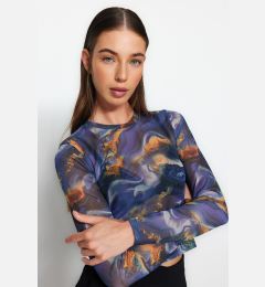 Снимка на Trendyol Multicolor Printed Tulle Fitted Crop Stretchy Knitted Blouse