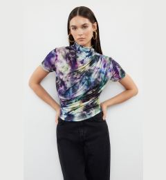 Снимка на Trendyol Multicolored Printed Gathering/Drape Detailed Fitted Short Sleeve Stand Collar Stretchy Knitted Blouse