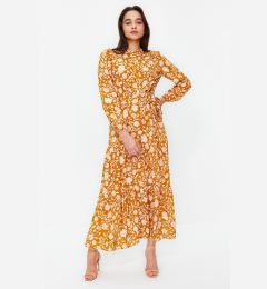 Снимка на Trendyol Mustard Small Floral Printed Ruffle Detailed Belted Woven Dress