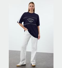 Снимка на Trendyol Navy Blue 100% Cotton Color Blocked Slogan Oversize/Wide Pattern Knitted T-Shirt