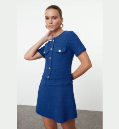 Снимка на Trendyol Navy Blue A-Line Button Detailed Mini Tweed Woven Dress