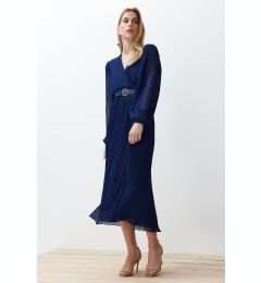 Снимка на Trendyol Navy Blue Belted A-Line Pleated Maxi Lined Chiffon Woven Dress