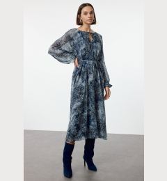 Снимка на Trendyol Navy Blue Belted Floral A-Line Midi Lined Woven Winter Dress