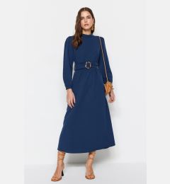 Снимка на Trendyol Navy Blue Belted High Collar Linen Look Woven Dress