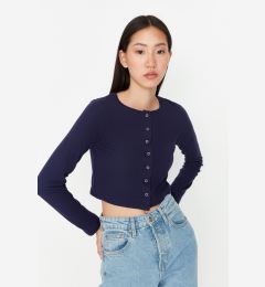 Снимка на Trendyol Navy Blue Button Detailed Crop Crew Neck Ribbed Stretch Knitted Blouse