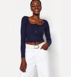 Снимка на Trendyol Navy Blue Button Detailed Square Neck Fitted Flexible Crop Knitted Blouse