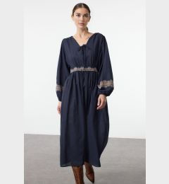 Снимка на Trendyol Navy Blue Embroidered Midi Woven Dress with Open Waist