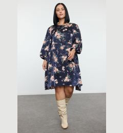 Снимка на Trendyol Navy Blue Floral Crew Neck Balloon Sleeve Mini Woven Plus Size & Maternity Dress