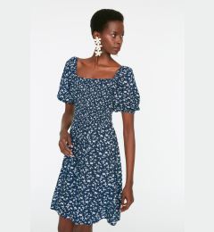 Снимка на Trendyol Navy Blue Floral Skater/Belt Opening Gippeli Viscose Mini Woven Dress