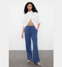 Снимка на Trendyol Navy Blue Linen Blend High Waist Striped Wide Leg Trousers