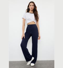 Снимка на Trendyol Navy Blue Linen Look Wide Leg High Waist Woven Trousers