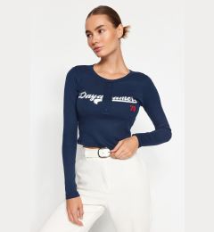 Снимка на Trendyol Navy Blue Motto Printed Fitted/Sleeping Stretchy Rib Crop Knitted Blouse