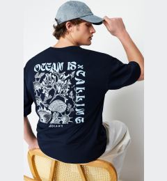 Снимка на Trendyol Navy Blue Oversize/Wide Cut Back Embossed Text Printed 100% Cotton T-shirt