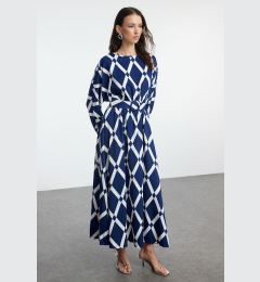 Снимка на Trendyol Navy Blue Patterned Belt Detailed Crinkle Woven Dress