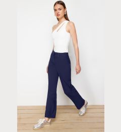 Снимка на Trendyol Navy Blue Ribbed High Waist Straight Cut Woven Trousers