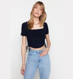 Снимка на Trendyol Navy Blue Square Neck Gather Detailed Fitted Crop Stretchy Knitted Blouse