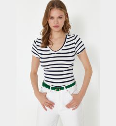 Снимка на Trendyol Navy Blue Striped Premium Viscose/Soft Fabric V-Neck Fitted Stretchy Knitted Blouse